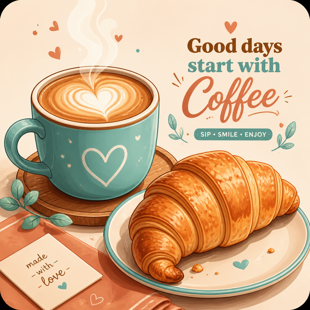 A colorful illustration of a steaming cup of coffee with heart latte art and a warm, flaky croissant