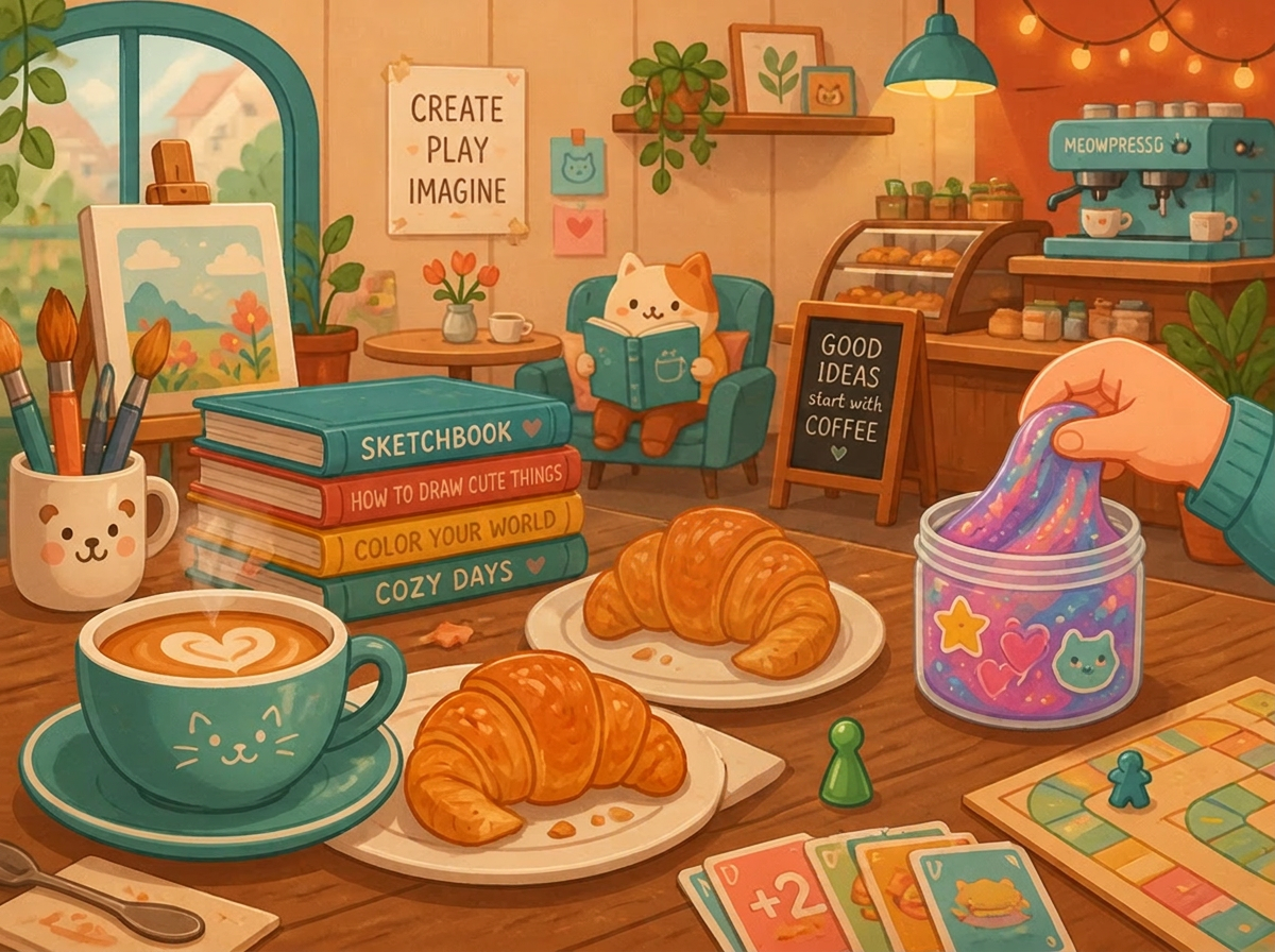 A colorful illustration of a creative café scene with coffee, food, slime, books, and board games